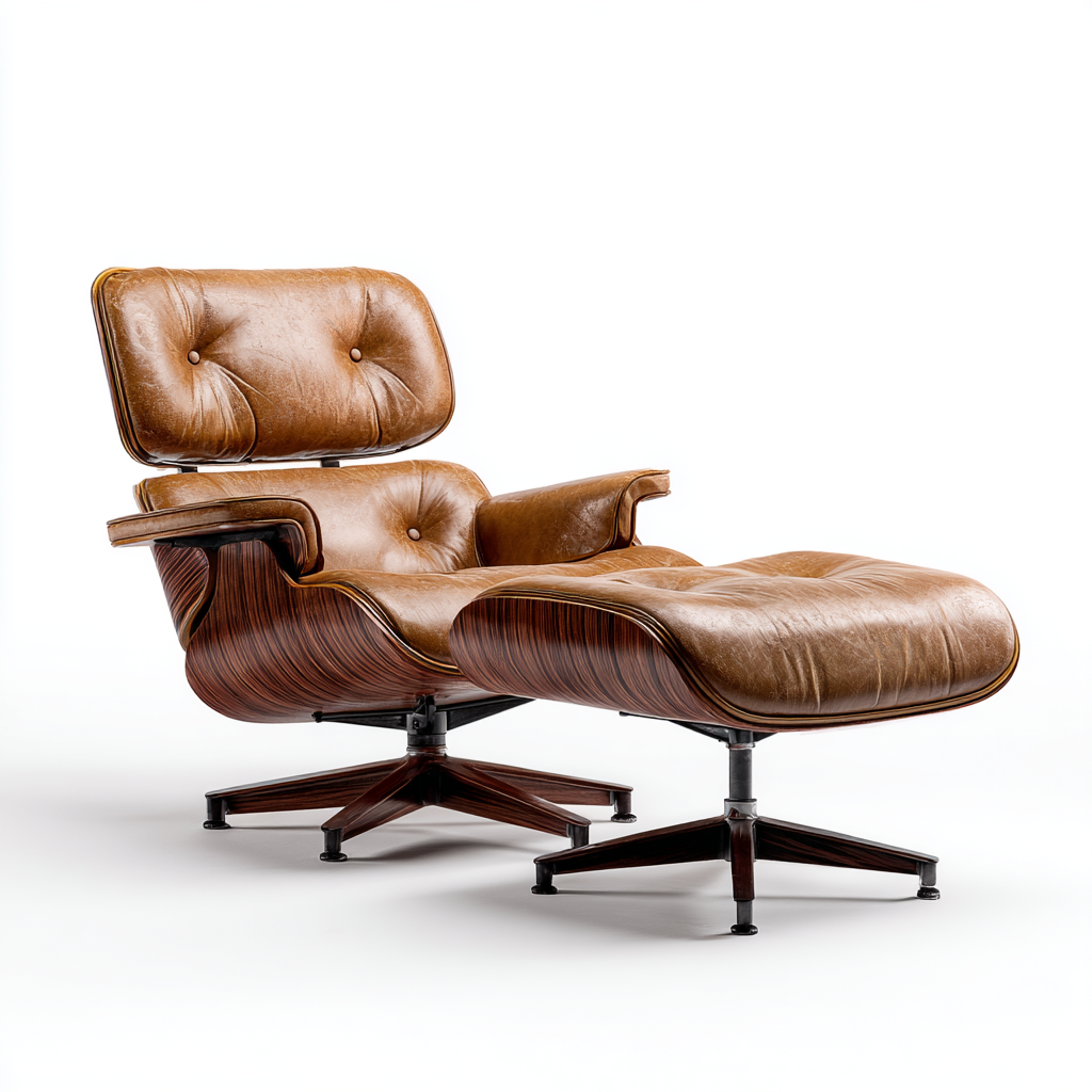 Taniax Mid-Century Leather Lounge Chair & Ottoman - Saddle Brown