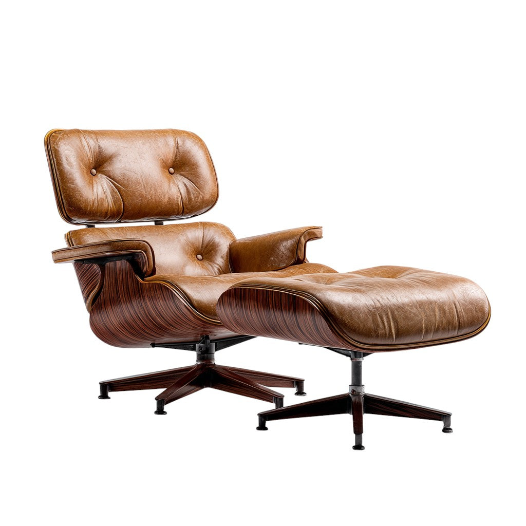 Taniax Mid-Century Leather Lounge Chair & Ottoman - Saddle Brown