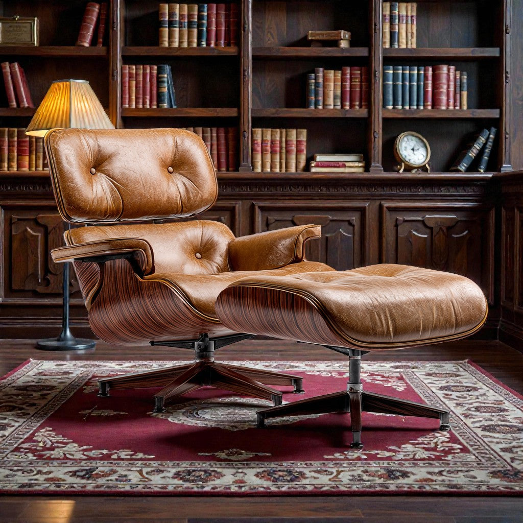 Taniax Mid-Century Leather Lounge Chair & Ottoman - Saddle Brown